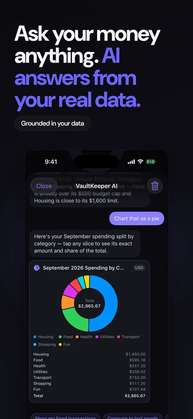 Ask your money anything: the AI assistant splitting a month of spending into a category pie chart.