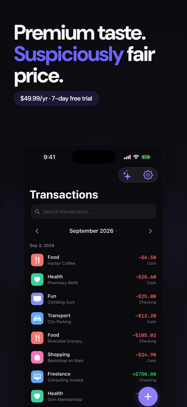Premium at $49.99 a year with a 7-day free trial, over the Transactions screen.
