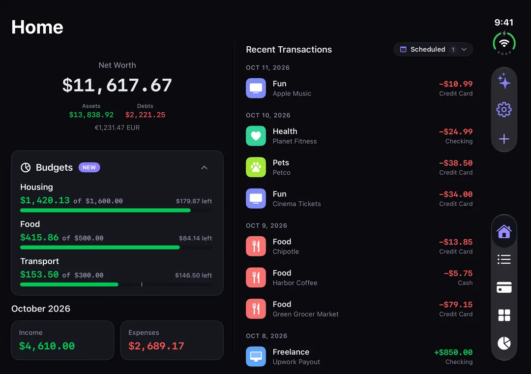 VaultKeeper on iPhone Duo, opened: Home with net worth and budgets beside recent transactions.