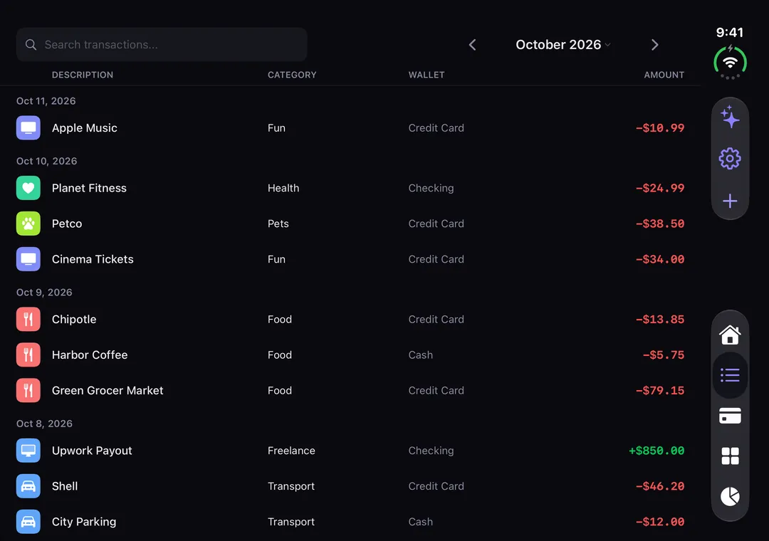 Transactions on iPhone Duo: a searchable table with category, wallet and amount columns.