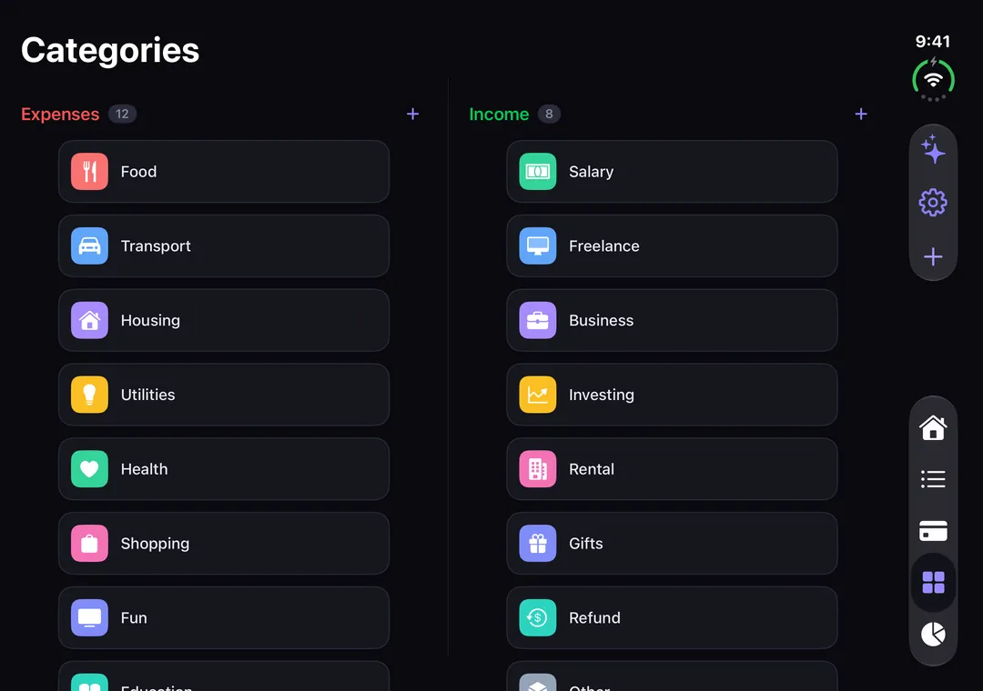 Categories on iPhone Duo: expense and income categories side by side.