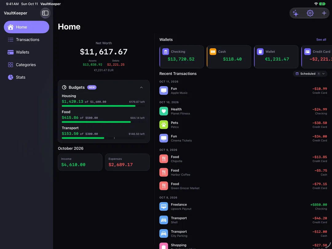 VaultKeeper on iPad: Home with net worth, budgets and the month's totals beside wallets and recent transactions.