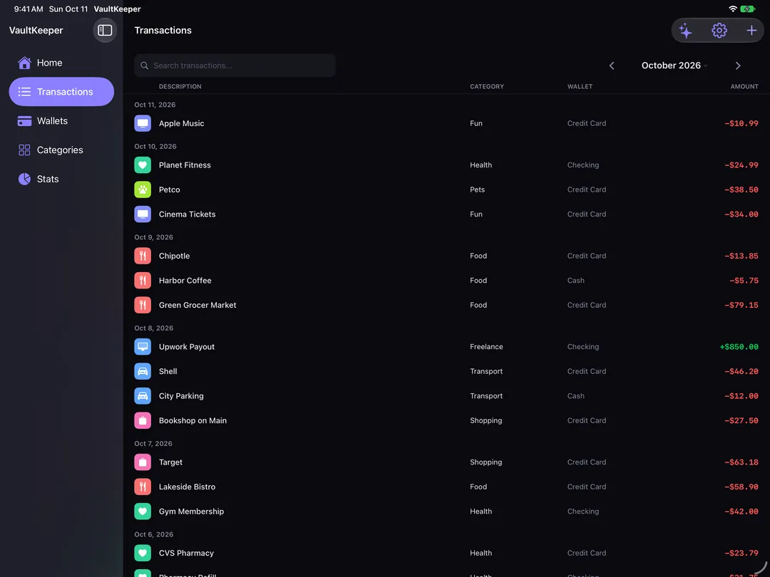 Transactions on iPad: a searchable table with category, wallet and amount columns.