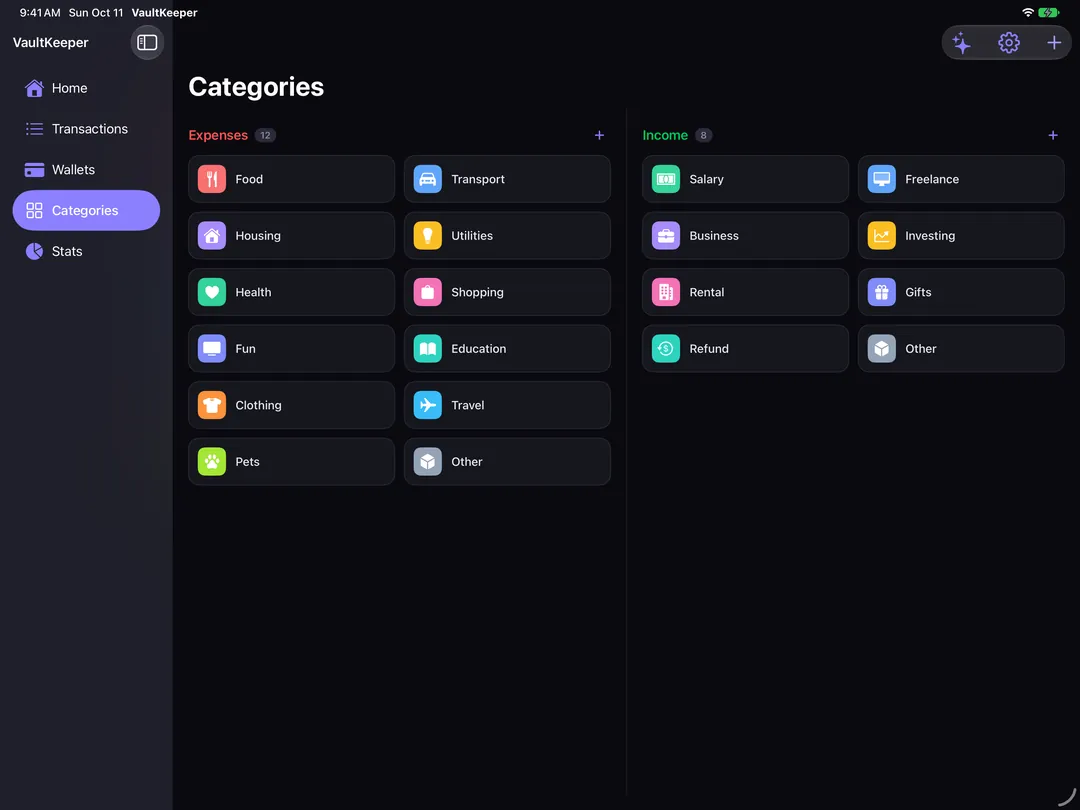 Categories on iPad: expense and income categories side by side.