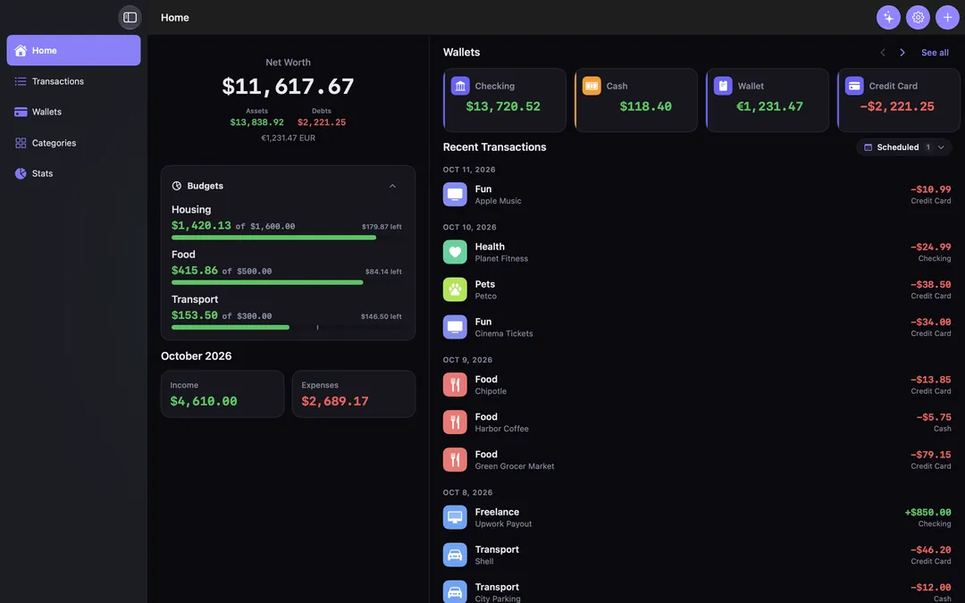 VaultKeeper on Mac: Home with net worth, budgets and the month's totals in one column, wallets and recent transactions in the other.