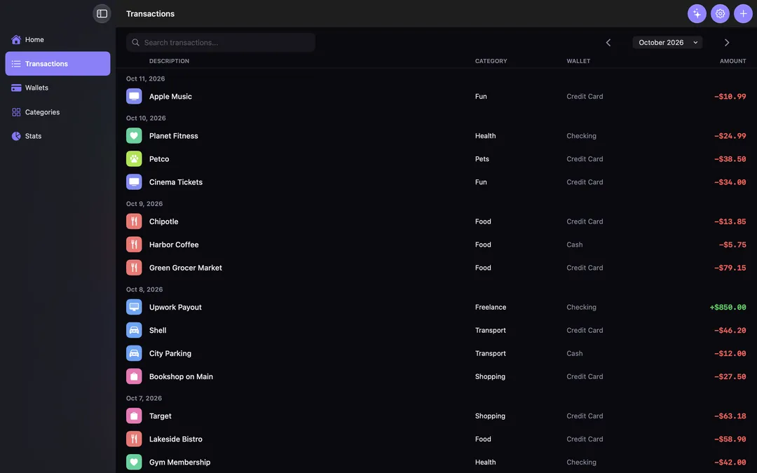 Transactions on Mac: a searchable table with category, wallet and amount columns.
