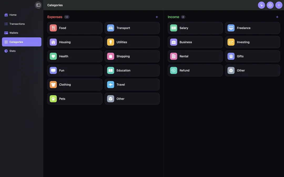 Categories on Mac: expense and income categories side by side.
